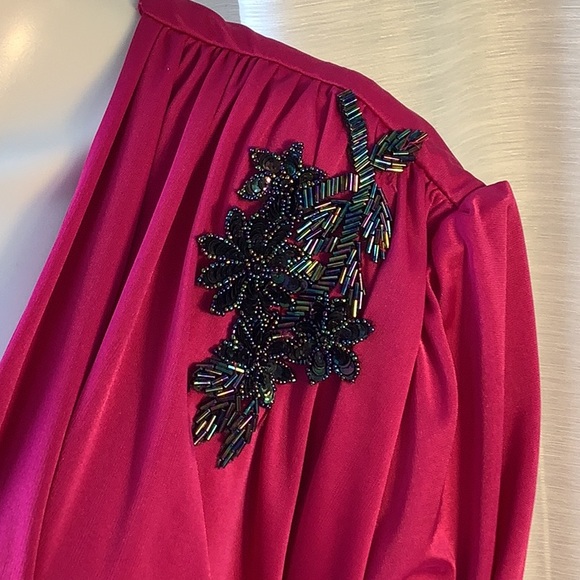 WHY Plus Size 21/22 Pink Beaded Shoulder Drop Waist Long Sleeve Evening Dress - Picture 6 of 12